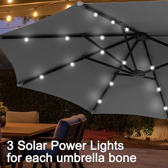 13 ft Patio Umbrella with 36 LED Lights, Large Rectangle Outdoor Solar Umbrella with Strap, Crank, Grey
