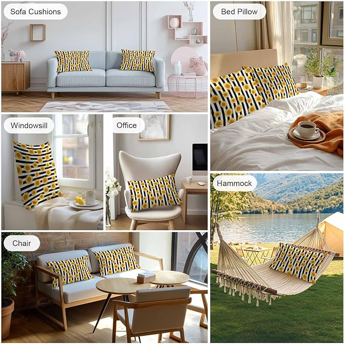 Vandarllin Outdoor Throw Pillows Covers 20x12 inch Set of 2 Waterproof Sunflower Decorative Zippered Cushion Covers for Patio Furniture, Summer Floral Black Stripes Lumbar Pillowcases