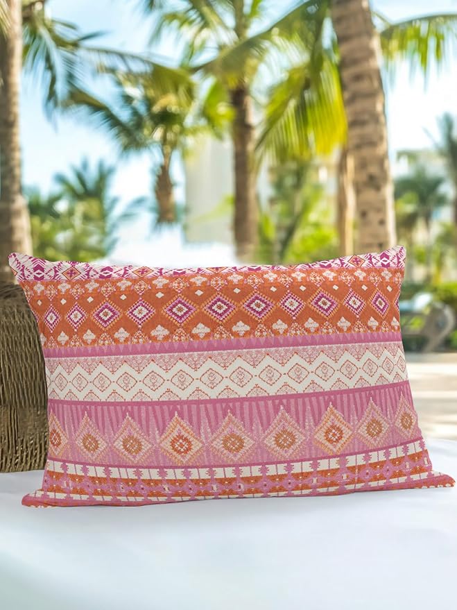 Waterproof Outdoor Pillow 1 Pack Red Bohemian Decorative Throw Pillows Cover & Insert 20x12 Inch Lumbar Pillowcase Boho Style Floral Leaves Geometric Pillows for Couch Sofa Bed Patio Furniture