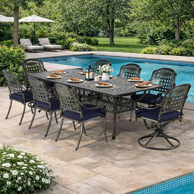 VIVIJASON 9-Piece Outdoor Dining Set, Cast Aluminum Patio Table & Chair Furniture Set, Include 94.5" Rectangular Table, 2 Swivel Rocker Chairs, 6 Stationary Chairs, Umbrella Hole, Navy Blue Cushion