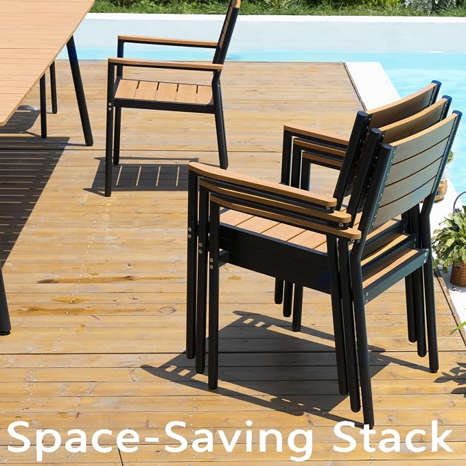 7-Piece Outdoor Dining Set for 6 Person with Teak Wood-Grain Top | Armrest Stackable Chairs with 19.4" Seat Depth, Aluminum Frame Dining Furniture with Umbrella Hole for Deck, Porch & Backyard