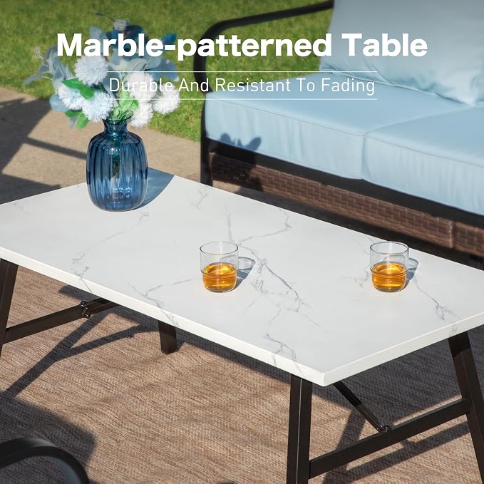 SUNSHINE VALLEY 6 Piece Metal Outdoor Patio Furniture Set, 1 3-Seater & 2 Fixed Sofa, 2 Rocking Sofa with 5.75" Thick Cushion & Coffee Table - Black & Blue