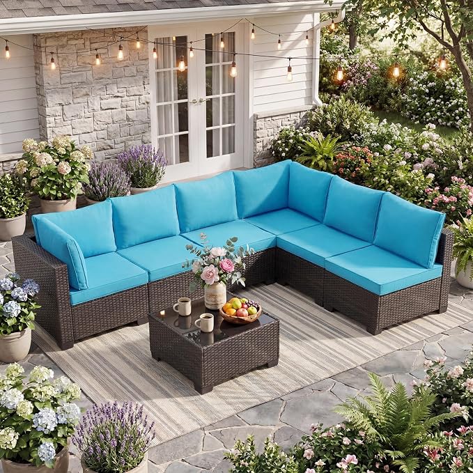 ANJ 7 Piece Outdoor Wicker Patio Furniture Set, Modular Loveseat Sofa with with Glass Top Coffee Table, All-Weather Rattan Conversation Couch Set for Balcony, Backyard, Dark Brown Wicker-Turquoise