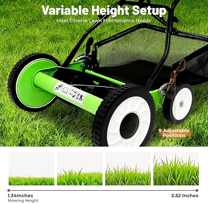 Manual Lawn Mower with Bag - 16'' 5-Blade Cordless Push Lawn Mowers, Adjustable Cutting/Handle Height Grass Cutter, Motorless Reel Mowers for Villa Courtyards, Park Greening, Gardens, Green