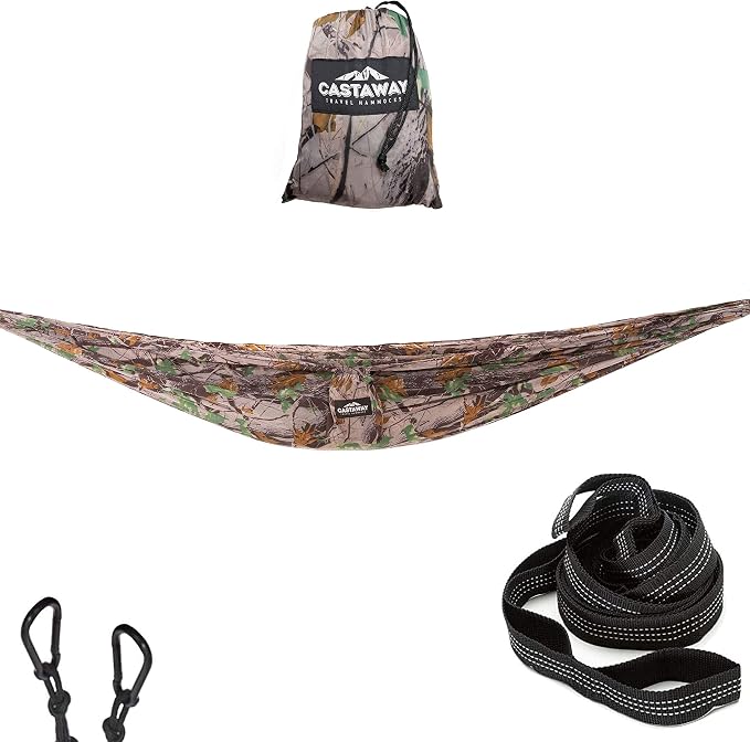 Castaway Travel Hammocks Double Camouflage Camping Hammock with 2 Tree Straps, Triple Stitched Durable Nylon Material, Compact Design for Backpacking, Travel, Beach, Backyard, Patio, Hiking