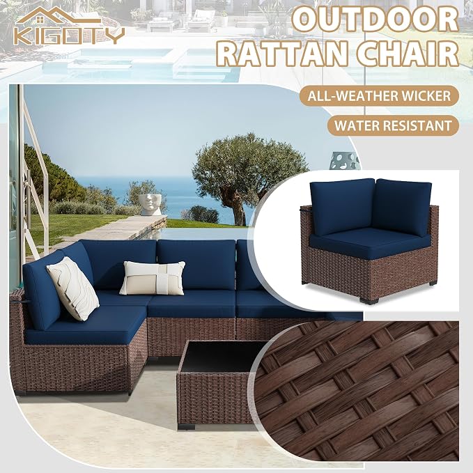 KIGOTY 7-Piece Patio Furniture Set, All-Weather PE Rattan Outdoor Sectional Sofa, Modular Wicker Conversation Set with Thick Cushions & Easy-Clean Coffee Table（Brown/Navy）