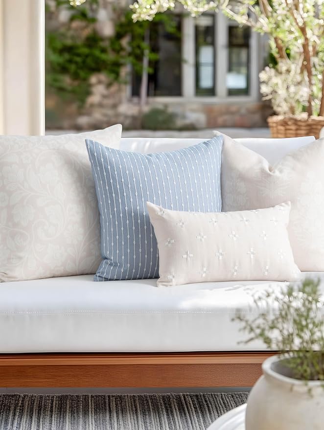 Coastal Linen Indoor Outdoor Throw Pillow Cover Only, 20"x20" Water Repellent for Patio, Backyard, Couch, Light Blue Embroidered Stripes