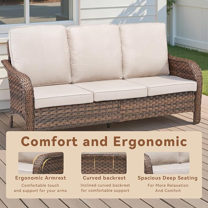 7 PCS Patio Furniture Set, Outdoor Wicker Sofa & 4 Swivel Rocking Chairs with 2 Ottomans, 4-Inch Thick Olefin Cushions, 300 lbs Capacity Rattan Conversation Set for Porch, Beige