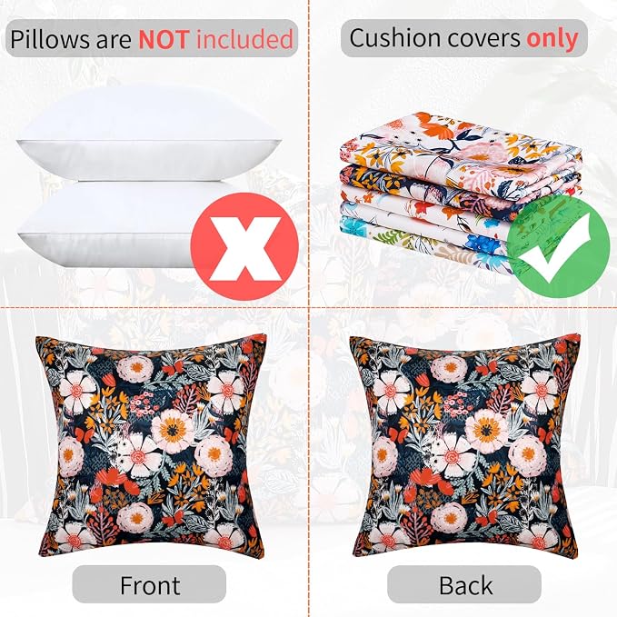 Outdoor Waterproof Pillow Covers Summer Decorative Floral Throw Pillow Covers Black Square Accent Pillows Garden Cushion Covers 16x16 Inch Set of 2 Outside Throw Pillowcase for Sofa Patio Tent Garden