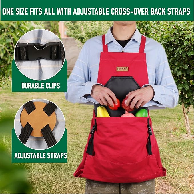 Grampa's Gardening Apron Cross Back Garden Apron with Large Pockets | Adjustable Straps • Harvest Apron • Hands-Free Gardening • Carries Vegetables, Flowers & Yard Debris • Heavy-Duty Canvas