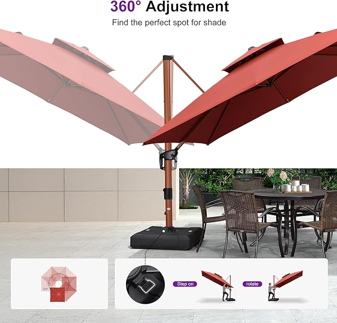 PURPLE LEAF 9' X 12' Double Top Deluxe Wood Pattern Rectangle Patio Umbrella with Base Offset Hanging Umbrella Outdoor Market Umbrella Garden Umbrella, Brick Red