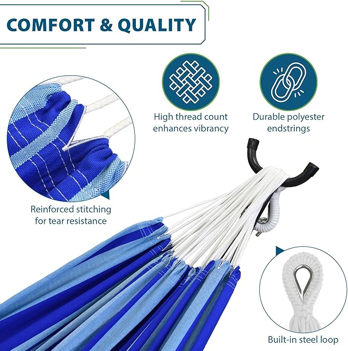 Vivere Double Cotton Hammock with Space Saving Steel Stand, Upgraded Polyester End Strings 450 lb Capacity - Premium Carry Bag Included - USA Grown Cotton (Island Breeze)