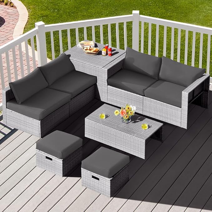 DORTALA 8 Pieces Patio Furniture Set, PE Rattan Sectional Sofa Set with Tempered Glass Table & Waterproof Cushions, Outdoor Wicker Conversation Set for Balcony, Poolside, Grey