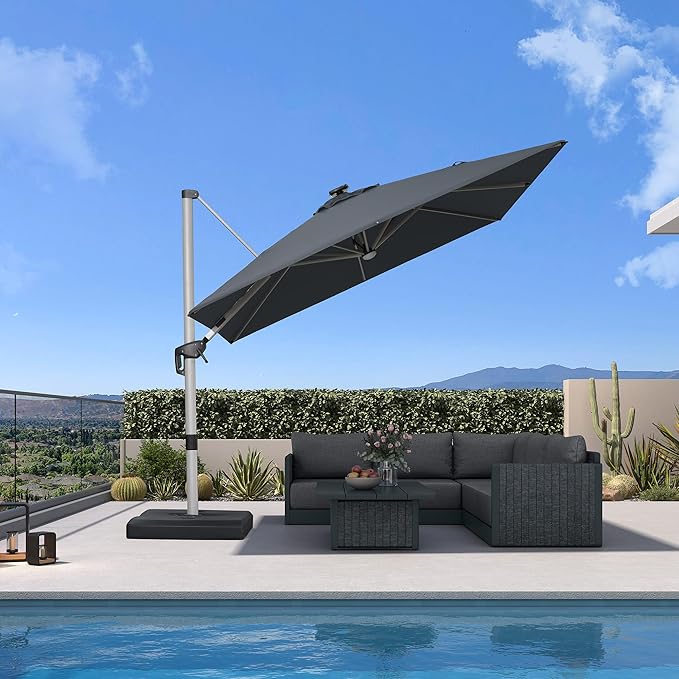 PURPLE LEAF Patio Umbrella with base 10 Feet Outdoor Square Cantilever Umbrella Solar Powered LED with 360-degree Rotation for Garden Deck Pool Patio, Grey