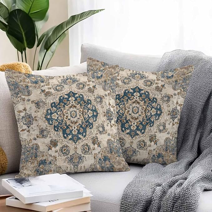 Throw Pillow Covers 20x20 Inch Set of 2, Blue Brown Boho Waterproof Outdoor Pillow Covers, Ethnic Vintage Southwestern Geometric Decorative Cushion Pillowcases for Couch, Sofa, Bed, Garden, Patio