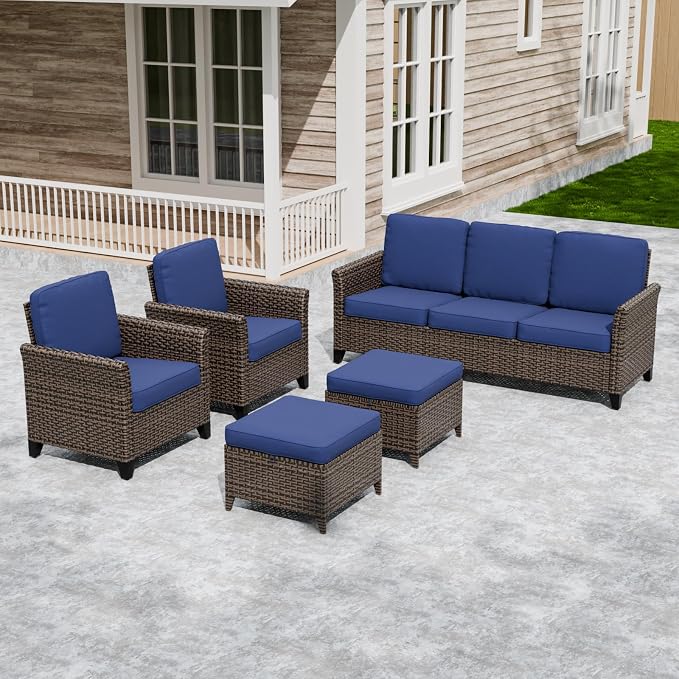 COOS BAY Harbor Retreat 5 Piece Outdoor Furniture Set, Patio Conversation Set with Patio Chairs, 3 Seat Couch and Ottomans, Wicker Furniture, Brown/Blue