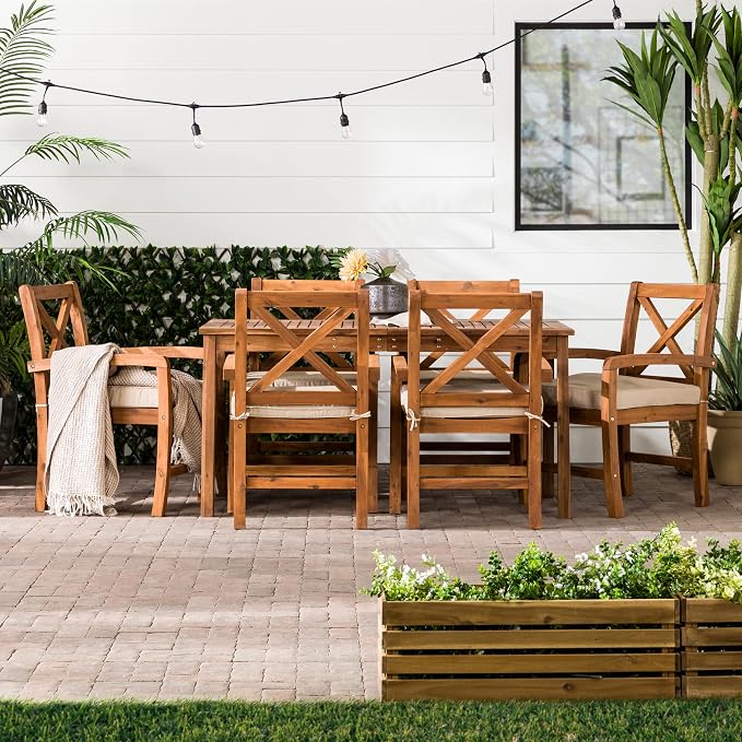 Walker Edison Delray Classic 7 Piece Acacia Wood Outdoor Dining Set with X Back Chairs, Set of 7, Brown