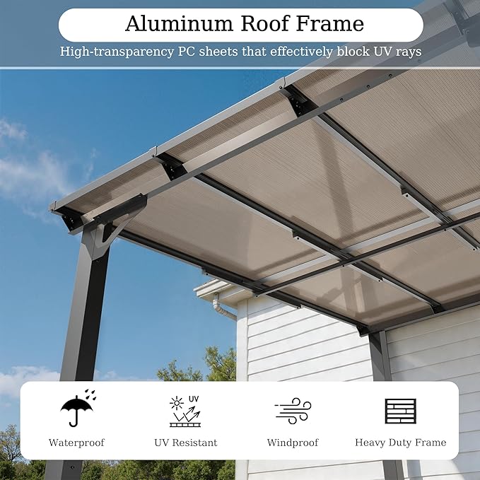 ALAULM 10'x 12' Outdoor Hardtop Pergola,Wall Mounted Lean to Gazebo with Sloped Sun Panel Roof,Galvanized Metal Frame,Sunshade for Patio, Backyard, Deck and Poolside