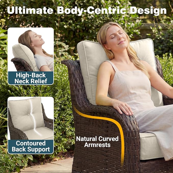 Patio Furniture Set, 3PCS Outdoor Wicker Conversation Set Porch Furniture with 6" Thick Cushions, High Back Swivel Chairs, Weather Resistant Olefin Fabric for Garden, Poolside, Beige