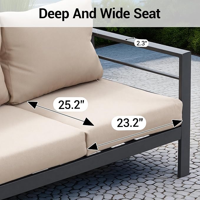 4-Piece All-Weather Metal Patio Furniture Set, Sectional Conversation Sofa w/Coffee Table, Heavy Duty Steel Frame & Washable Cushions for Backyard Garden (Khaki, Furniture Set（Straight）)