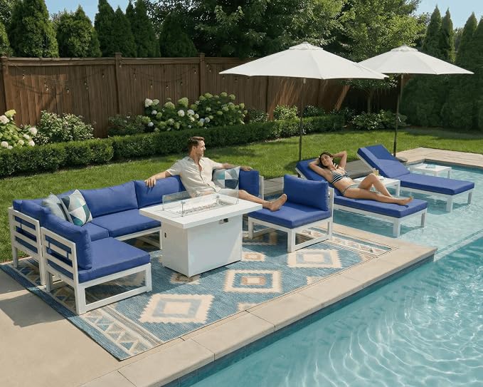 NICESOUL 11 Piece Oversized Luxury Aluminum Outdoor Sectional Sofa with Lounge, Weather Resistant Modular Patio Furniture Set, 500 lbs Heavy Duty Conversation Couch for Poolside Garden, Navy Blue
