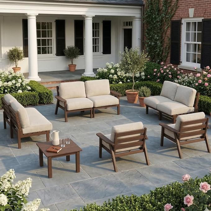 HDPE Patio Furniture Set 8 Seats, Outdoor Couch with Washable Thick Beige Cushions & Side Table, Outdoor Sectional Furniture for Backyard, Deck, Lawn, Porch (Brown Frame)