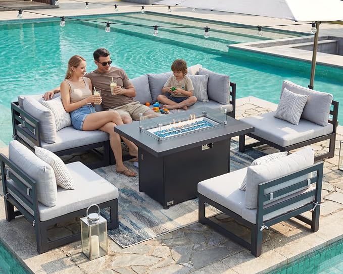 NICESOUL Powder Coated Aluminum Patio Furniture Set with Fire Pit Table, 7 Piece Deep Seat Extra Wide Outdoor Sectional Sofa for 6, L Shaped Luxury Large Conversation Set for Poolside, Light Gray