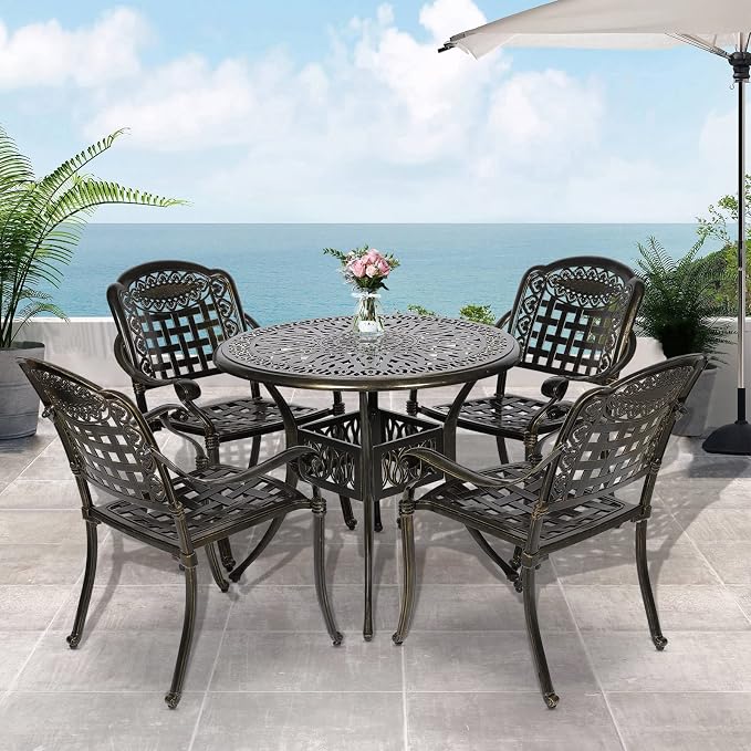 VIVIJASON 5-Piece Patio Furniture Dining Set, All-Weather Cast Aluminum Outdoor Conversation Set, Include 4 Chairs and a 35.4" Round Table w/Umbrella Hole for Balcony, Lawn, Garden, Backyard
