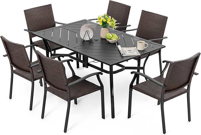 NUU GARDEN 7-Piece Outdoor Patio Dining Set, 6 Wicker-Style Dining Chairs and 61 x 37 Inch Rectangular Table with Umbrella Hole, Patio Furniture for Deck, Garden, Backyard, Indoor & Outdoor, Black