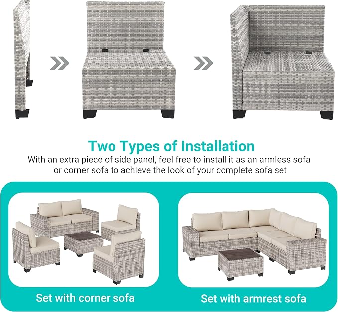 13-Piece Outdoor Patio Furniture Set with 55,000 BTU Fire Pit Table, PE Wicker Rattan Sectional Sofa Patio Conversation Set with Coffee Table, White