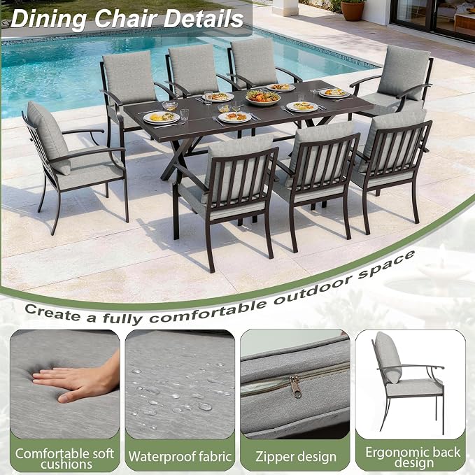 10-Pieces Patio Conversation Set,Metal Outdoor Furniture Set Includes 13.6FT Navy Umbrella,Hole Cut-Out 78.7" x 35.4" Table and 8 Metal Backrest Chairs for Backyard,Garden,Grey