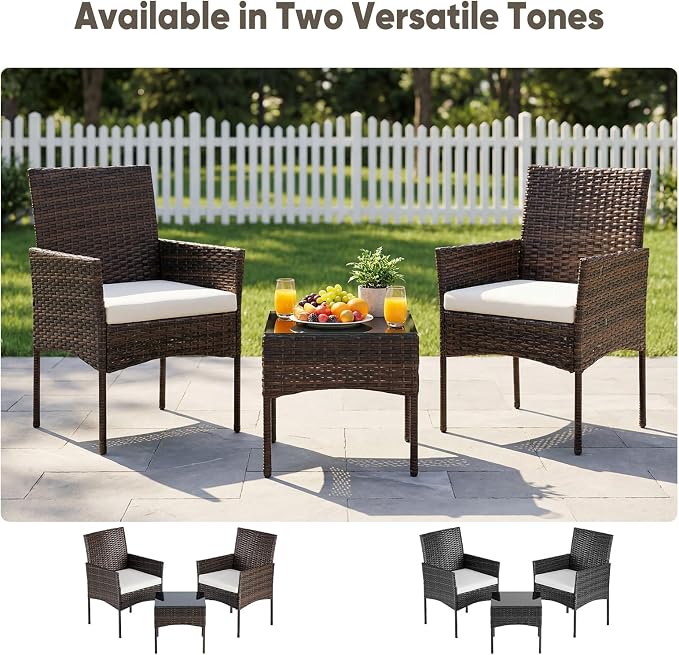 DUMOS 3 Piece Patio Furniture Set, All-Weather Outdoor Wicker Chairs with Removable Cushions & Tempered Glass Table, Small Bistro Set for Porch, Balcony, Lawn, Backyard Brown