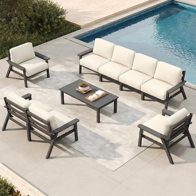 Patio Furniture Set 8 Seats, HDPE Outdoor Sectional with Beige Washable Thick Cushions, Coffee Table, Patio Conversation Sets for Lawn, Garden, Porch, Balcony, Deck (Grey Frame)
