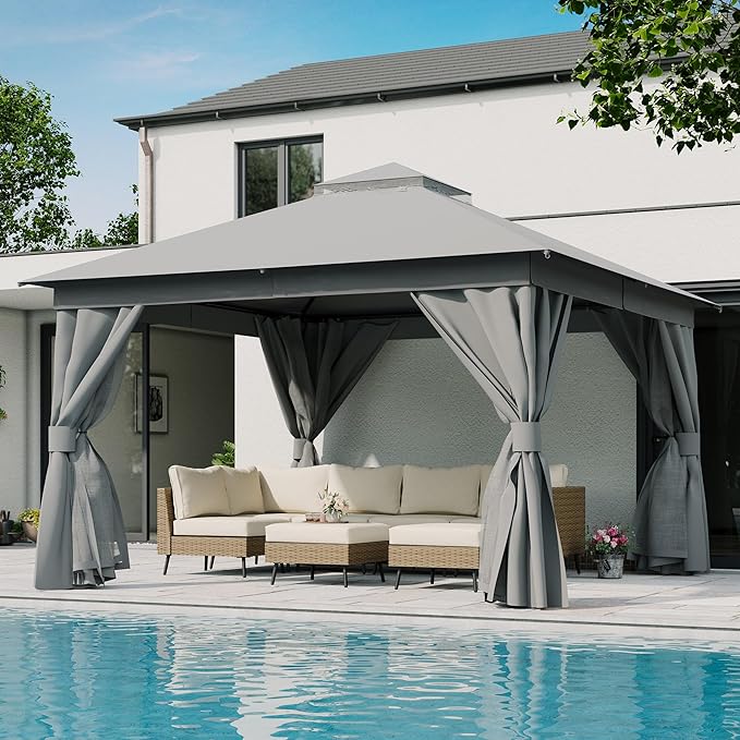 LAUSAINT HOME 12'x12' Outdoor Gazebo, Metal Frame Heavy Duty Patio Canopy Tent Shelter with Double Roofs, Mosquito Nettings and Privacy Screens for Backyard, Garden, Lawn, Gray