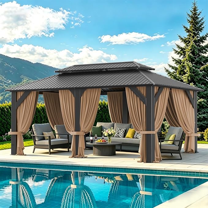 12’x20’ Hardtop Gazebo, Galvanized Steel Double Roof Canopy with Aluminum Frame, Outdoor Pavilion with Nettings and Curtains