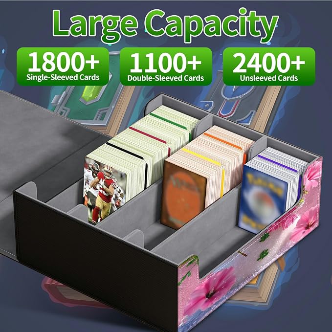 Large Card Deck Box for MTG, Fits 1200+ Sleeved Cards, PU Leather Storage Case with Strong Magnetic Closure, Multiple Colors for TCG CCG Baseball Card Collections, Pink Flower Snowman