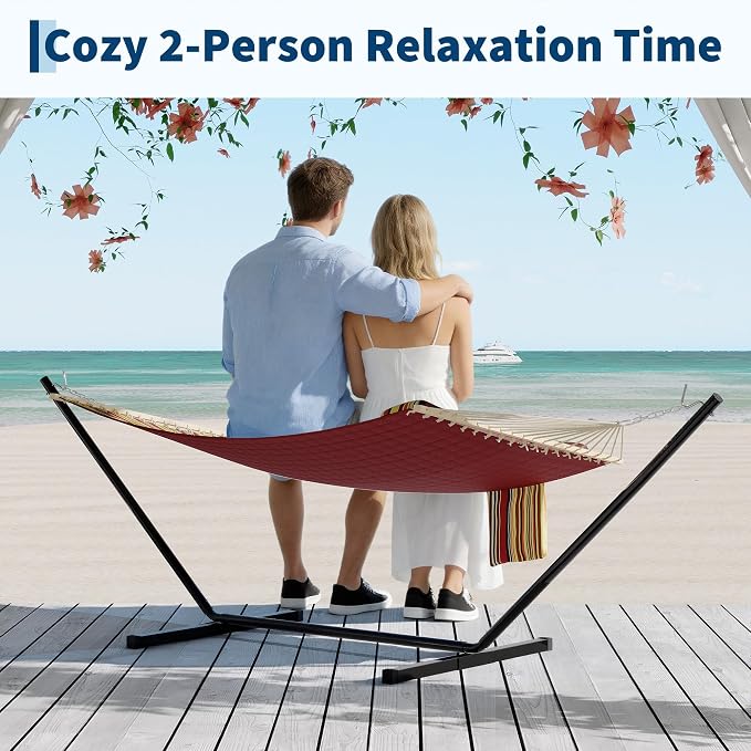 Double Quilted Hammock with Spreader Bar, 12FT, Detachable Pillow, 2-Person | cotton-polyester blend, UV-resistant, quick-dry, 450lbs, for patio/backyard/poolside, Red-Yellow Stripe