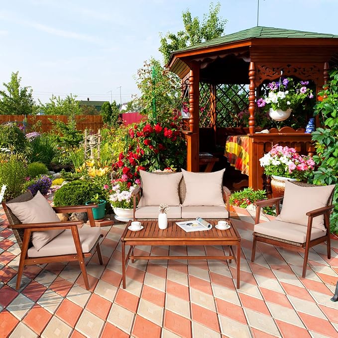 Tangkula 4 PCS Patio Wood Sofa Set, Outdoor Acacia Wood Seating Chat Set with Cushions & Coffee Table, Sectional Conversation Sofa Set for Garden, Backyard, Poolside (1, Brown)
