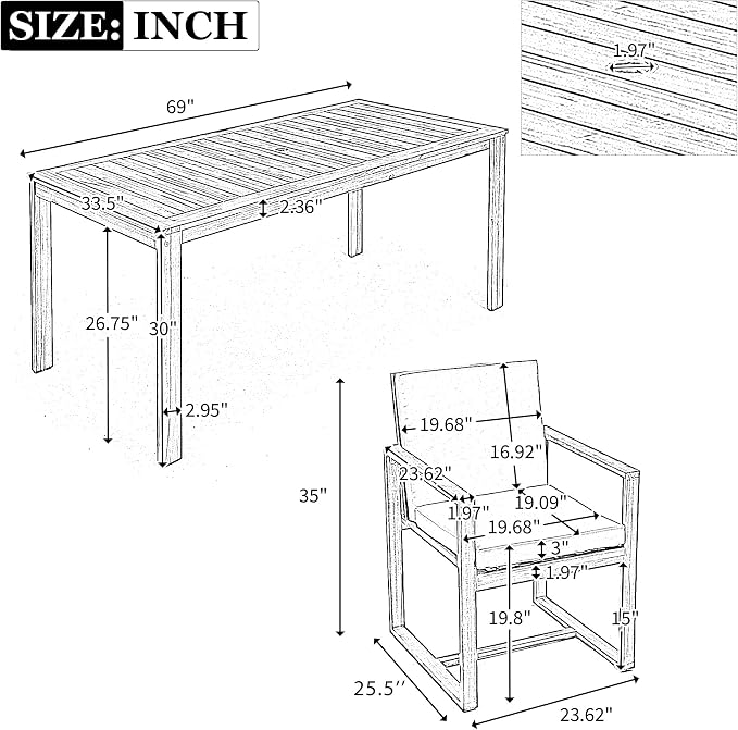 VilroCaz Patio Dining Set Outdoor Dining Table and Chair Set, Acacia Wood All Weather 7 Pieces Dining Gathering Set with Removable Cushions for Patio, Backyard, Garden