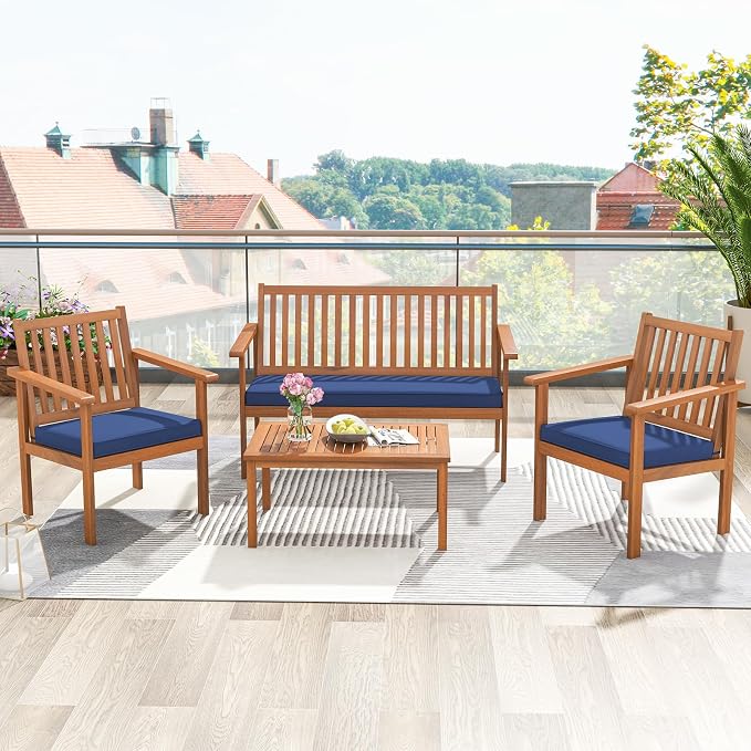 Tangkula 4 Piece Patio Wood Furniture Set, Acacia Wood Sofa Set w/Loveseat, 2 Chairs & Coffee Table, Soft Seat Cushions, Outdoor Wood Furniture Set for Porch, Yard, Balcony (Navy)