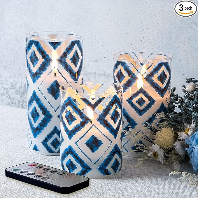 Eywamage Blue Geometric Flameless Candles in Glass Jars, Flickering Battery LED Pillar Candles with Remote Set of 3