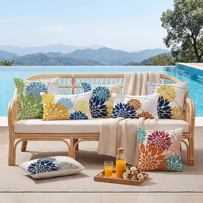 OTOSTAR Outdoor Dark Blue Yellow Pillow Covers 20x20 Inch Set of 2 Light Grey Flower Throw Pillows Geometric Dahlia Floral Square Cushion Case Waterproof Decor for Sofa Patio Funiture Garden