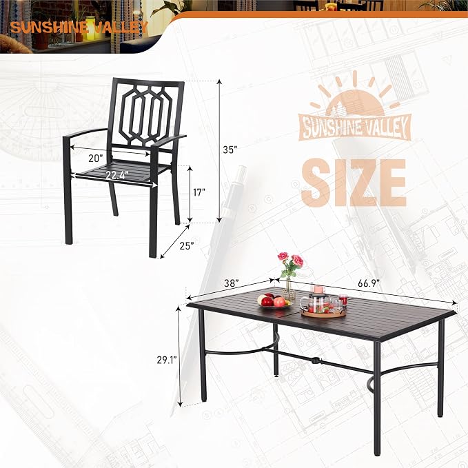 SUNSHINE VALLEY 7 Piece Patio Dining Set for 6, 67x38 Wood-Like Metal Table with Umbrella Hole and 6 Pcs Rust-Proof Stackable Chairs, Outdoor Table and Chairs Set for Backyard Garden Deck (Style 3)