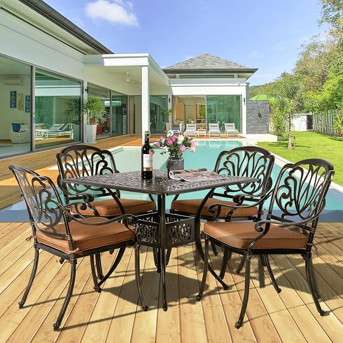 MEETWARM 5-Piece Outdoor Patio Dining Set, All-Weather Cast Aluminum Patio Conversation Set for Backyard Garden Deck with 4 Chairs, 4 Cushions and 35.4" Square Table, 2.2" Umbrella Hole