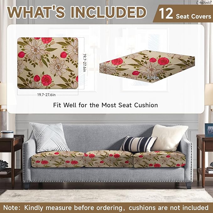 CALBODE 12Pcs Stretch Patio Cushion Cover, Floral Couch & Sofa Slipcovers for Patio Furniture Cushions Washable Reusable Couch Covers Replacement for All-Season (Rosy Pink Floral,Cover Only)