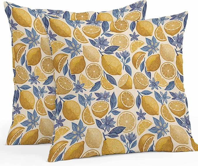 Summer Fruit Outdoor Waterproof Pillow Covers Pack of 2, Watercolor Yellow Lemon Blue Flowers Rustic Retro Throw Pillowcases Decorative Cushion Covers for Garden Patio Tent Sofa Couch, 26x26 inch