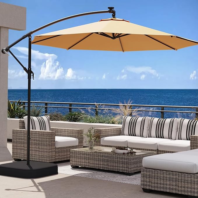 UPHYB 10FT Patio Umbrella with Base Included, Outdoor Offset Cantilever Umbrella, Infinite Tilt, Crank and Cross Base, UV Protection for Backyard, Lawn, Garden & Pool