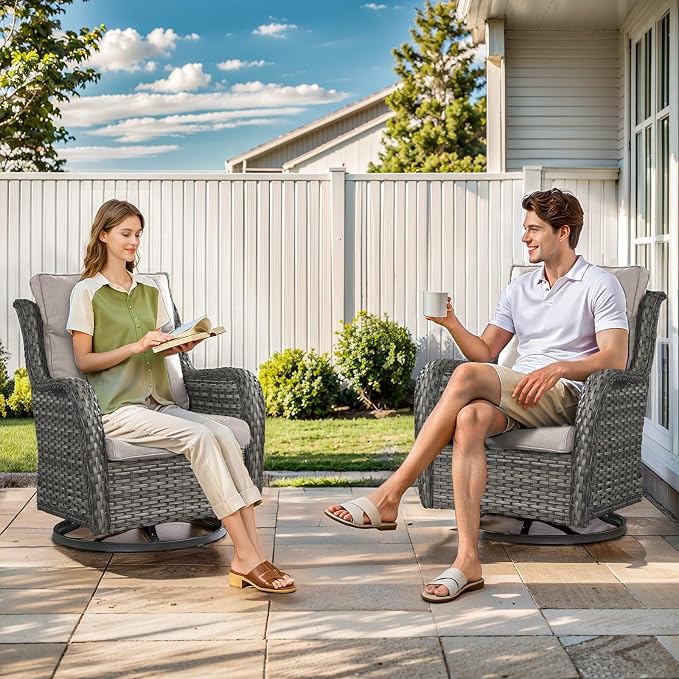 Outdoor Swivel Rocker Patio Chairs with 2 Ottomans - 5" Thick Cushion 5 Piece Furniture Set All Weather Wicker Conversation Set with Side Table for Porch Poolside and Deck - Gray/Beige