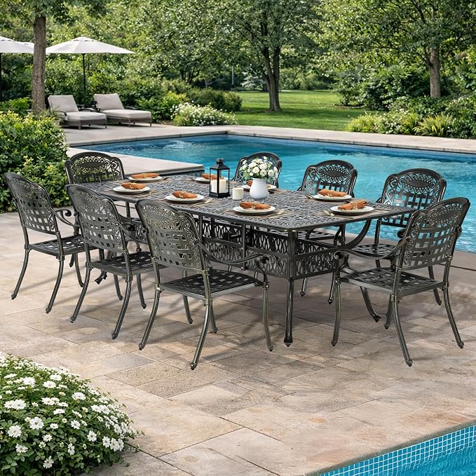 VIVIJASON 9-Piece Outdoor Dining Set, Cast Aluminum Retro Patio Furniture Table and Chairs Set for 8, Include Large 94.5" Rectangular Dining Table and 8 Chairs with Umbrella Hole for Balcony Garden