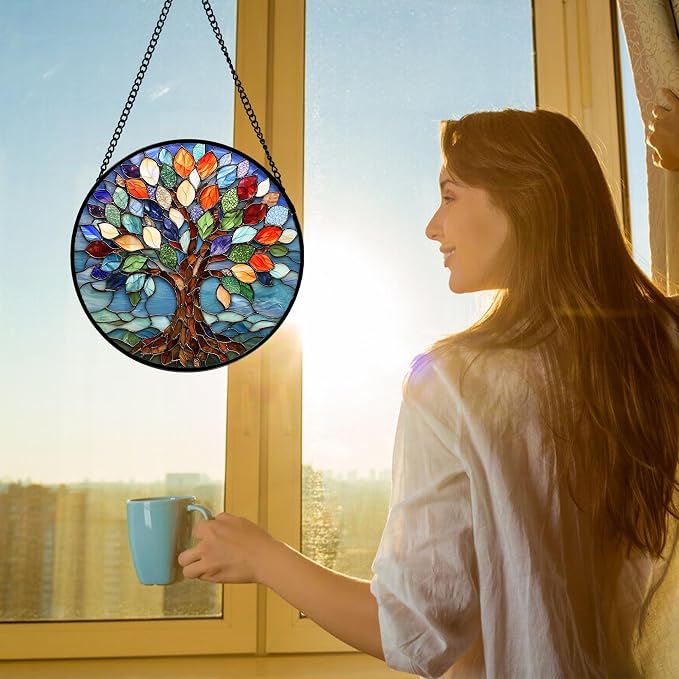DASTOLL Stained Glass Window Hanging, Colorful Tree of Life Sun Catchers Glass Panel Blue Suncatcher Decor for Birthday for Women, Men, Wife, Aunt, and Mom 9.8 in